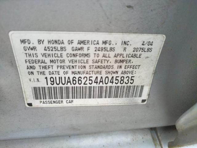 Photo 10 from auction – 2004 ACURA TL with VIN 19UUA66254A045835