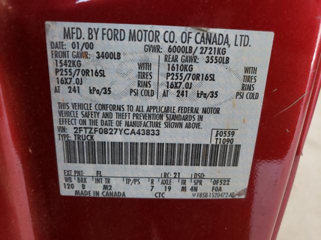 Photo 10 from auction – 2000 FORD F150 with VIN 2FTZF0827YCA43833