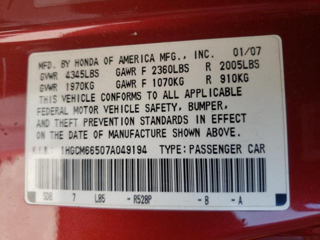 Photo 10 from auction – 2007 HONDA ACCORD EX with VIN 1HGCM66507A049194