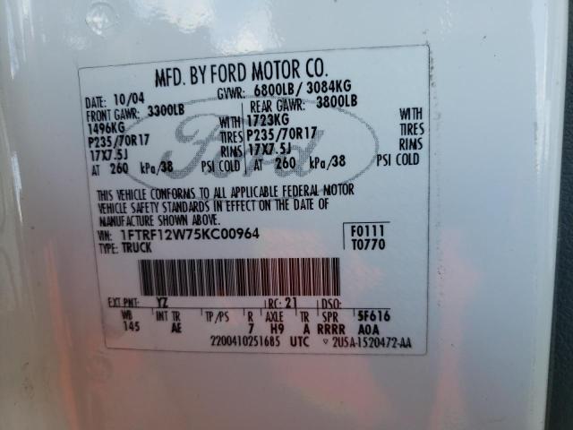 Photo 10 from auction – 2005 FORD F150 with VIN 1FTRF12W75KC00964