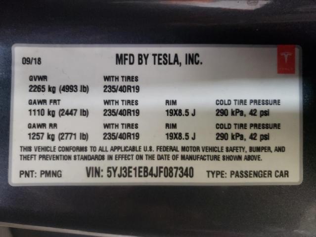 Photo 10 from auction – 2018 TESLA MODEL 3 with VIN 5YJ3E1EB4JF087340