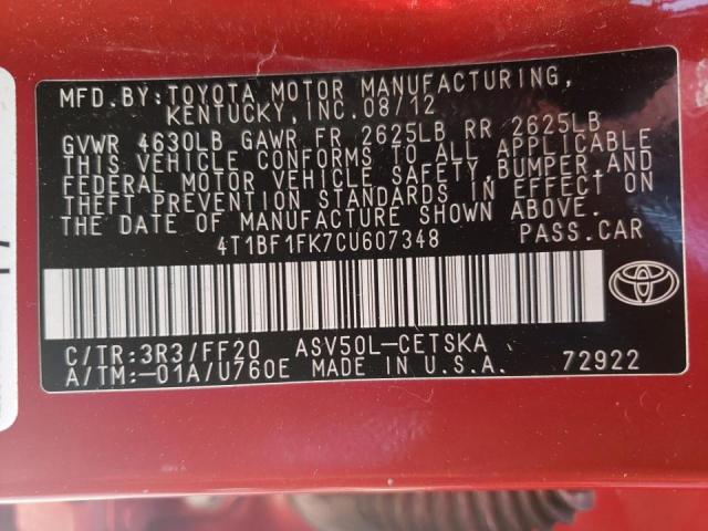 Photo 10 from auction – 2012 TOYOTA CAMRY BASE with VIN 4T1BF1FK7CU607348