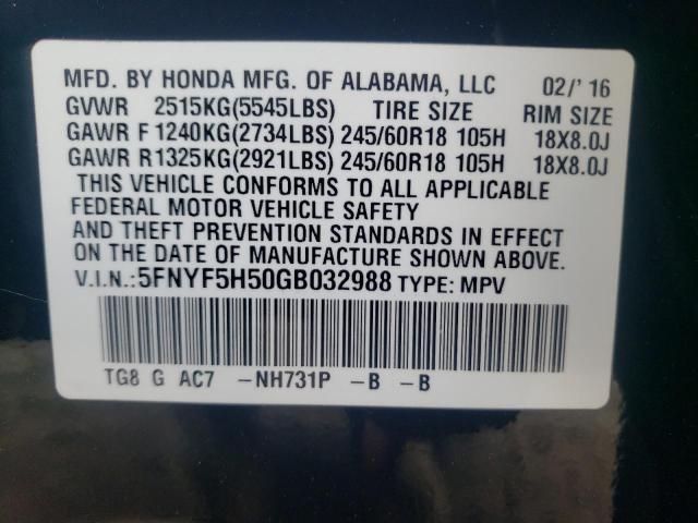Photo 10 from auction – 2016 HONDA PILOT EXL with VIN 5FNYF5H50GB032988