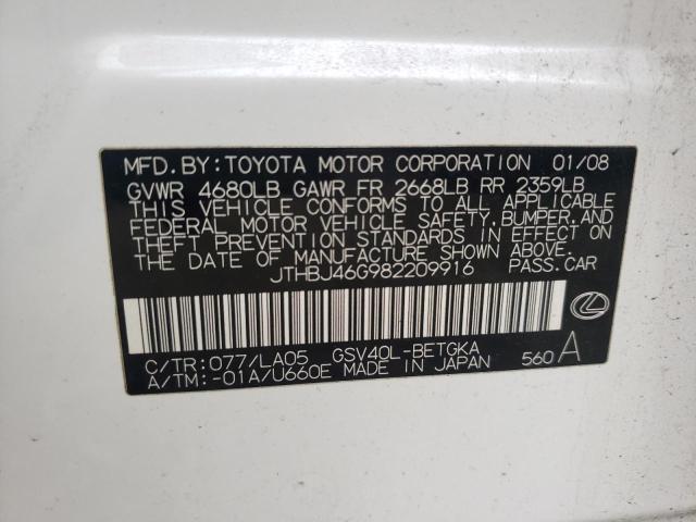 Photo 10 from auction – 2008 LEXUS ES 350 with VIN JTHBJ46G982209916