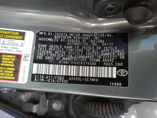 Photo 10 from auction – 2012 TOYOTA CAMRY BASE with VIN 4T4BF1FKXCR214580