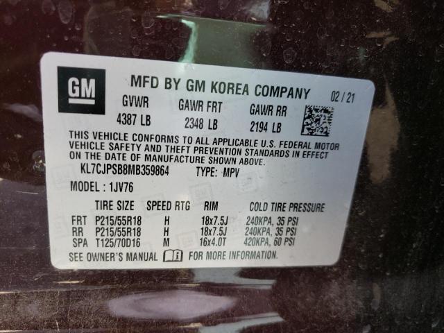Photo 10 from auction – 2021 CHEVROLET TRAX 1LT with VIN KL7CJPSB8MB359864