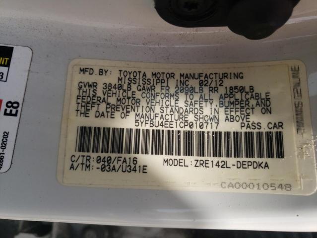 Photo 10 from auction – 2012 TOYOTA COROLLA BA with VIN 5YFBU4EE1CP010717