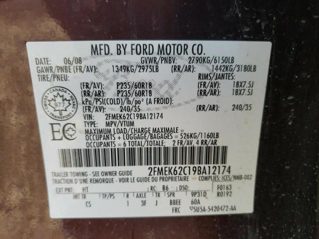 Photo 10 from auction – 2009 FORD FLEX SEL with VIN 2FMEK62C19BA12174