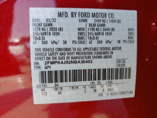 Zdjęcie 10 z aukcji – 2022 FORD EDGE SEL z VIN 2FMPK4J92NBA36402