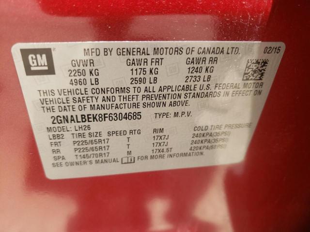 Photo 10 from auction – 2015 CHEVROLET EQUINOX LT with VIN 2GNALBEK8F6304685