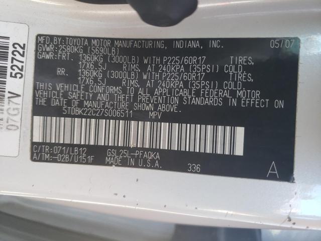 Photo 10 from auction – 2007 TOYOTA SIENNA XLE with VIN 5TDBK22C27S006511
