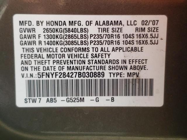 Photo 10 from auction – 2007 HONDA PILOT EX with VIN 5FNYF28427B030889
