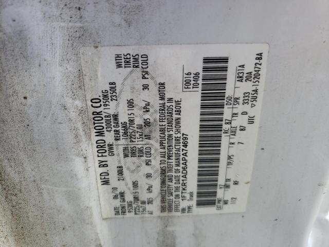 Photo 10 from auction – 2010 FORD RANGER with VIN 1FTKR1AD6APA74697