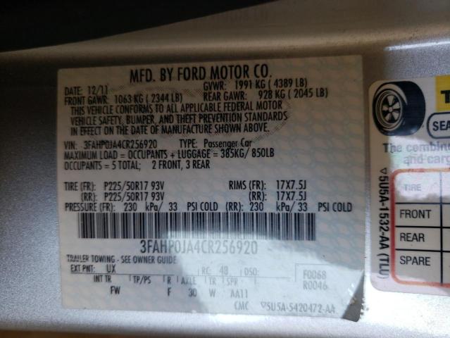 Photo 10 from auction – 2012 FORD FUSION SEL with VIN 3FAHP0JA4CR256920