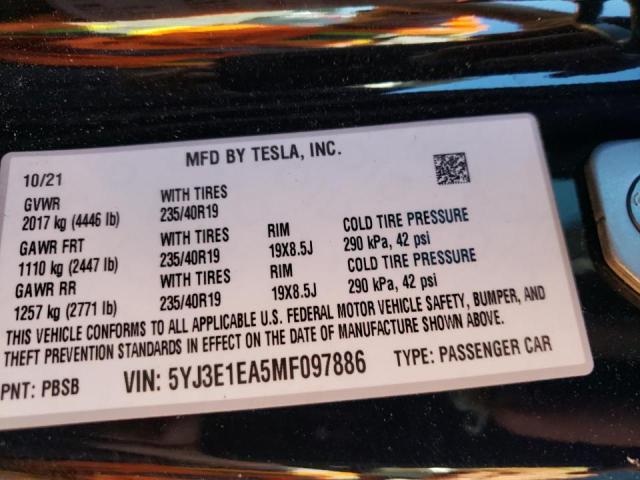 Photo 10 from auction – 2021 TESLA MODEL 3 with VIN 5YJ3E1EA5MF097886