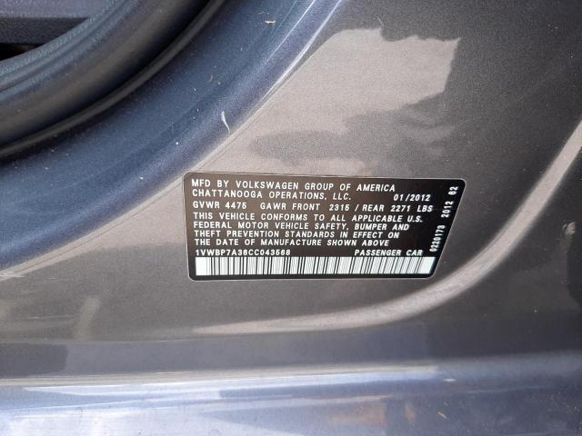 Photo 10 from auction – 2012 VOLKSWAGEN PASSAT SE with VIN 1VWBP7A36CC043568