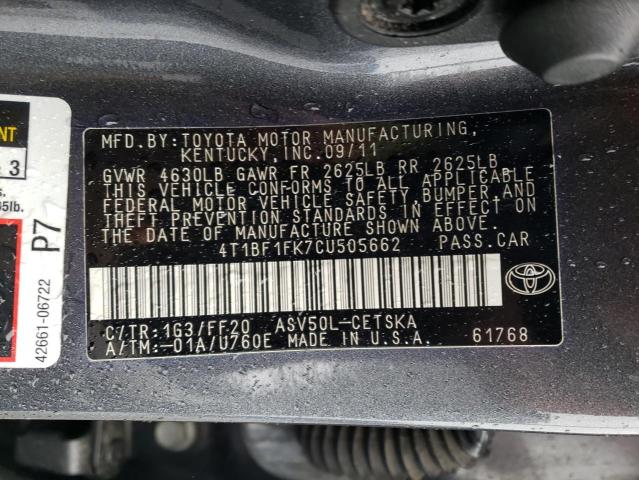 Photo 10 from auction – 2012 TOYOTA CAMRY BASE with VIN 4T1BF1FK7CU505662
