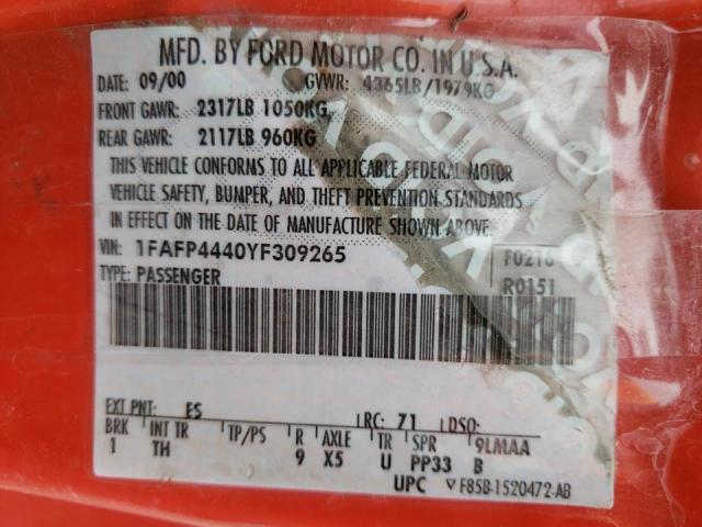 Photo 10 from auction – 2000 FORD MUSTANG with VIN 1FAFP4440YF309265