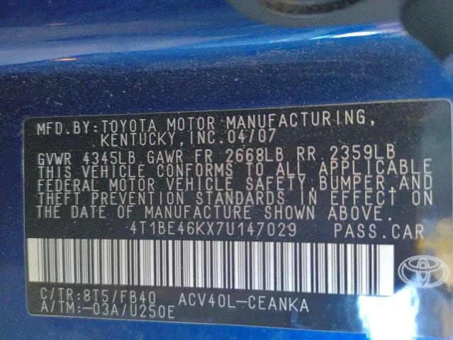 Photo 10 from auction – 2007 TOYOTA CAMRY CE with VIN 4T1BE46KX7U147029