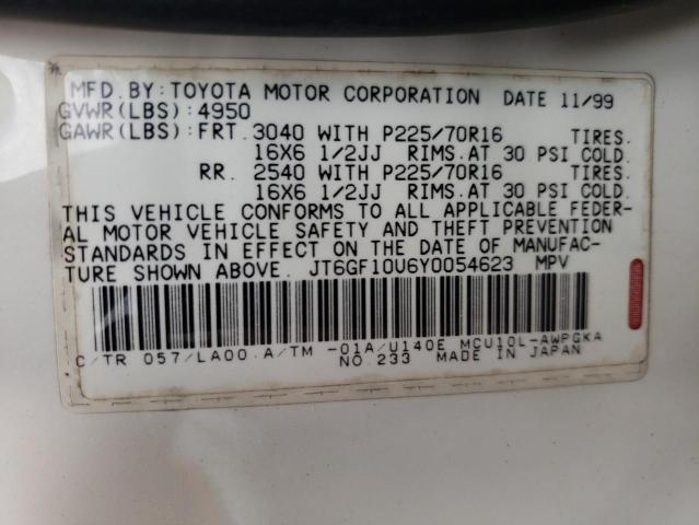 Photo 10 from auction – 2000 LEXUS RX 300 with VIN JT6GF10U6Y0054623