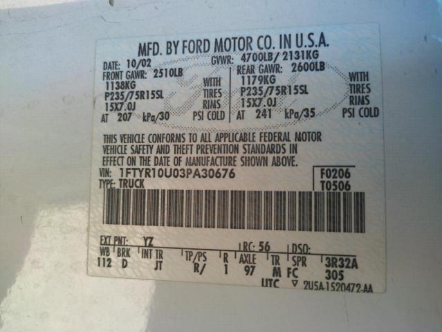Photo 10 from auction – 2003 FORD RANGER with VIN 1FTYR10U03PA30676