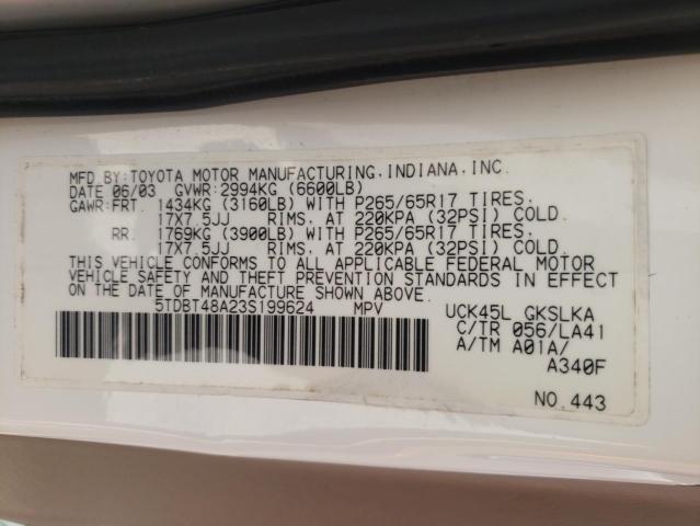 Photo 10 from auction – 2003 TOYOTA SEQUOIA LI with VIN 5TDBT48A23S199624