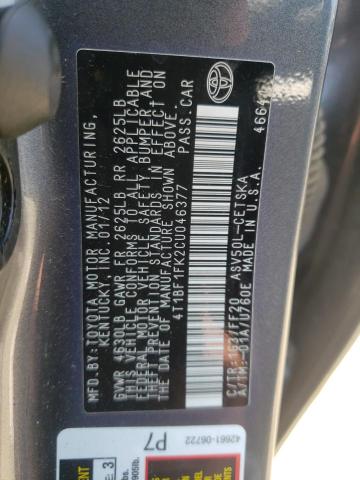 Photo 10 from auction – 2012 TOYOTA CAMRY BASE with VIN 4T1BF1FK2CU046377