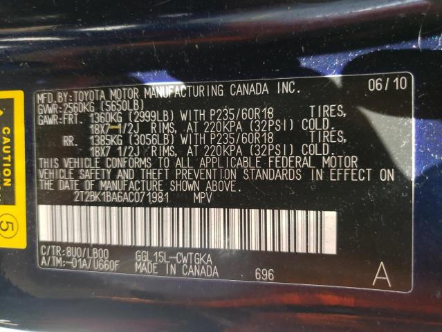 Photo 10 from auction – 2010 LEXUS RX 350 with VIN 2T2BK1BA6AC071981
