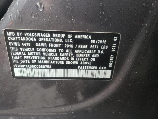 Photo 10 from auction – 2012 VOLKSWAGEN PASSAT SE with VIN 1VWBP7A30CC089753