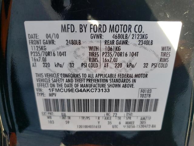 Photo 10 from auction – 2010 FORD ESCAPE LIM with VIN 1FMCU9EG4AKC73133