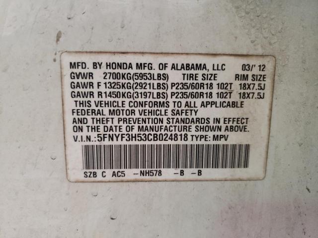 Photo 10 from auction – 2012 HONDA PILOT EXL with VIN 5FNYF3H53CB024818