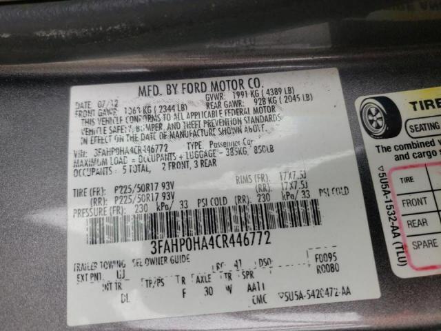 Photo 10 from auction – 2012 FORD FUSION SE with VIN 3FAHP0HA4CR446772