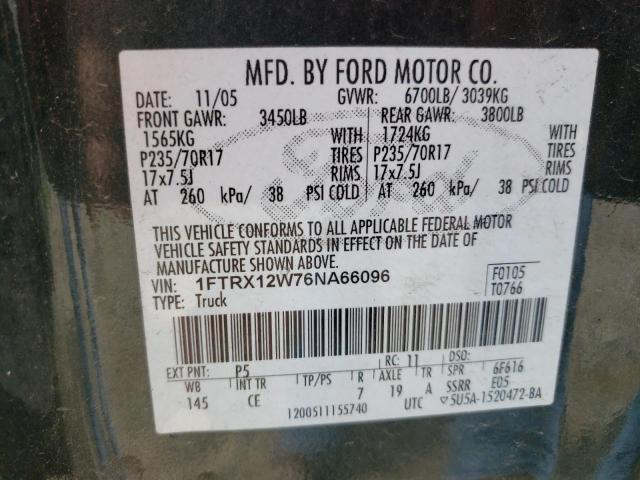 Photo 10 from auction – 2006 FORD F 150 with VIN 1FTRX12W76NA66096