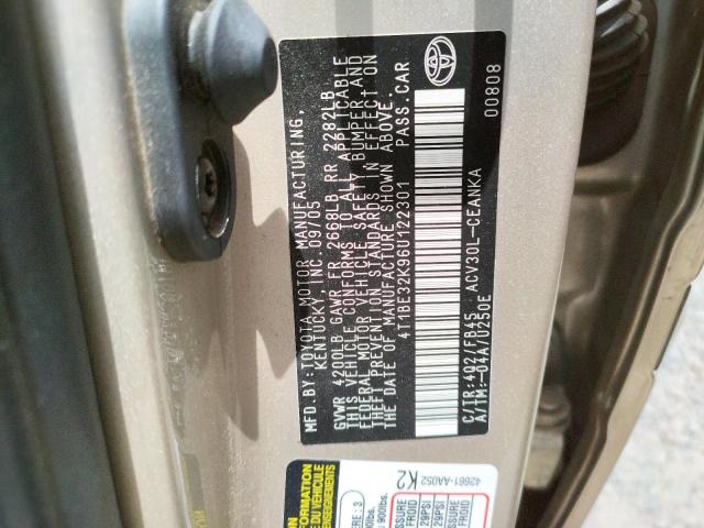Photo 10 from auction – 2006 TOYOTA CAMRY LE with VIN 4T1BE32K96U122301