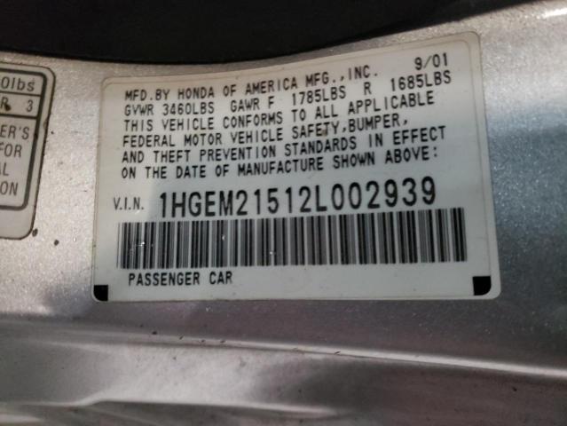 Photo 10 from auction – 2002 HONDA CIVIC LX with VIN 1HGEM21512L002939