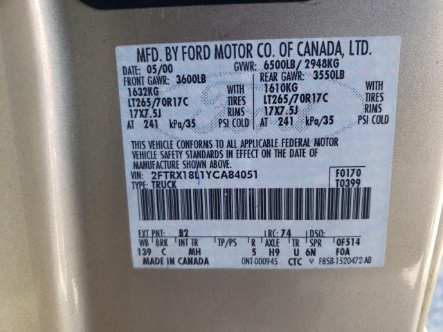 Photo 10 from auction – 2000 FORD F150 with VIN 2FTRX18L1YCA84051