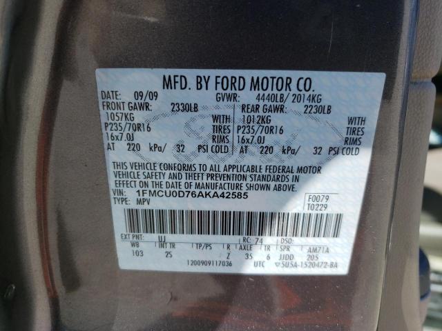 Photo 10 from auction – 2010 FORD ESCAPE XLT with VIN 1FMCU0D76AKA42585