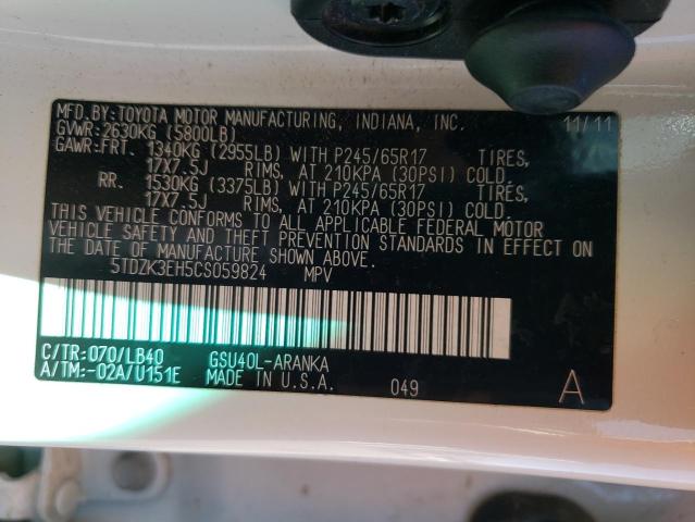 Photo 10 from auction – 2012 TOYOTA HIGHLANDER with VIN 5TDZK3EH5CS059824