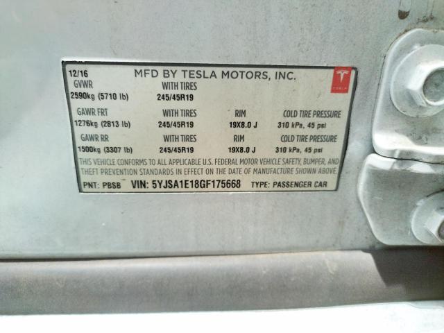 Photo 10 from auction – 2016 TESLA MODEL S with VIN 5YJSA1E18GF175668