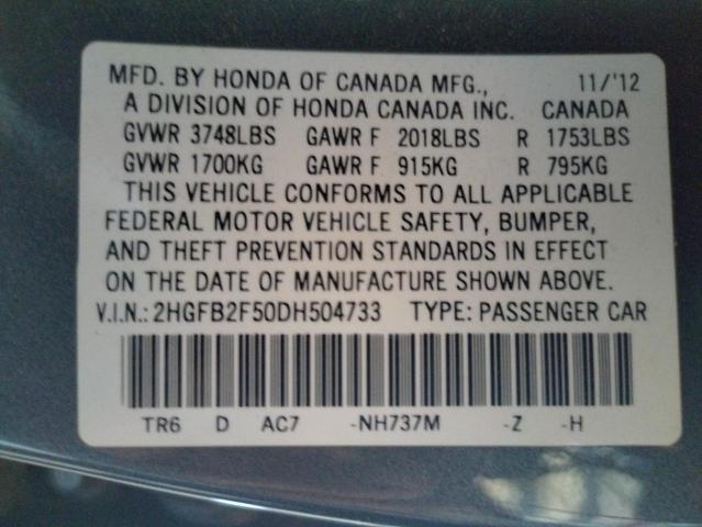 Photo 10 from auction – 2013 HONDA CIVIC LX with VIN 2HGFB2F50DH504733