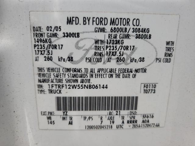 Photo 10 from auction – 2005 FORD F150 with VIN 1FTRF12W55NB06144