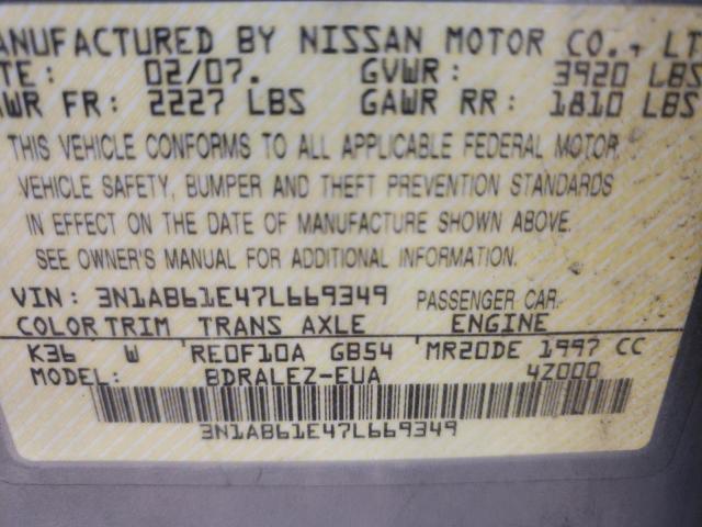 Photo 10 from auction – 2007 NISSAN SENTRA 2.0 with VIN 3N1AB61E47L669349