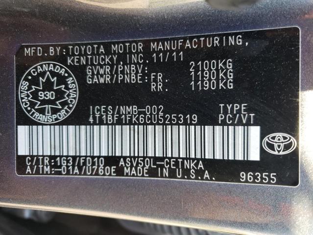 Photo 10 from auction – 2012 TOYOTA CAMRY BASE with VIN 4T1BF1FK6CU525319