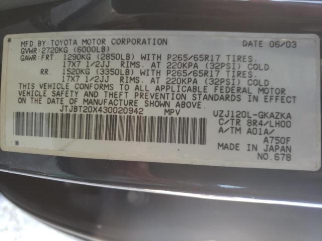 Photo 10 from auction – 2003 LEXUS GX 470 with VIN JTJBT20X430020942