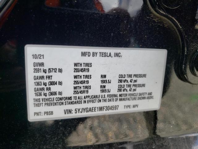 Photo 10 from auction – 2021 TESLA MODEL Y with VIN 5YJYGAEE1MF304597