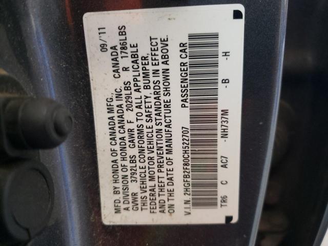 Photo 10 from auction – 2012 HONDA CIVIC EX with VIN 2HGFB2F80CH522707
