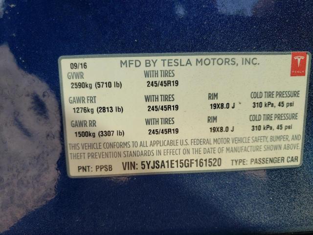 Photo 10 from auction – 2016 TESLA MODEL S with VIN 5YJSA1E15GF161520