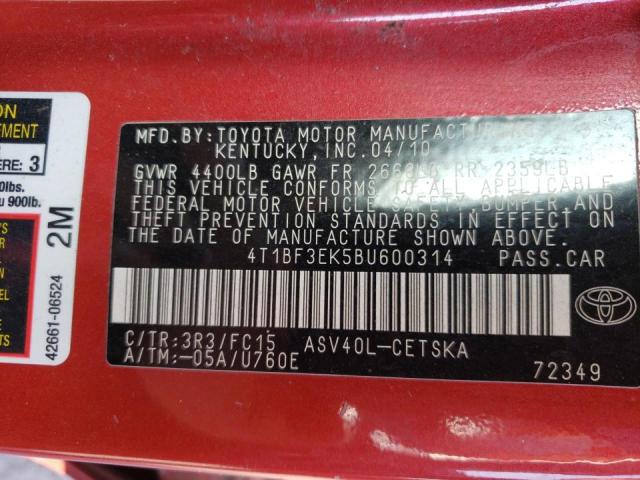 Photo 10 from auction – 2011 TOYOTA CAMRY BASE with VIN 4T1BF3EK5BU600314