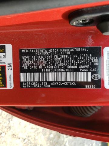 Photo 10 from auction – 2011 TOYOTA CAMRY BASE with VIN 4T1BF3EK0BU670660