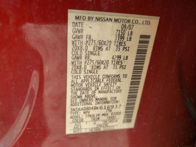 Photo 10 from auction – 2008 NISSAN ARMADA SE with VIN 5N1BA08D48N616937